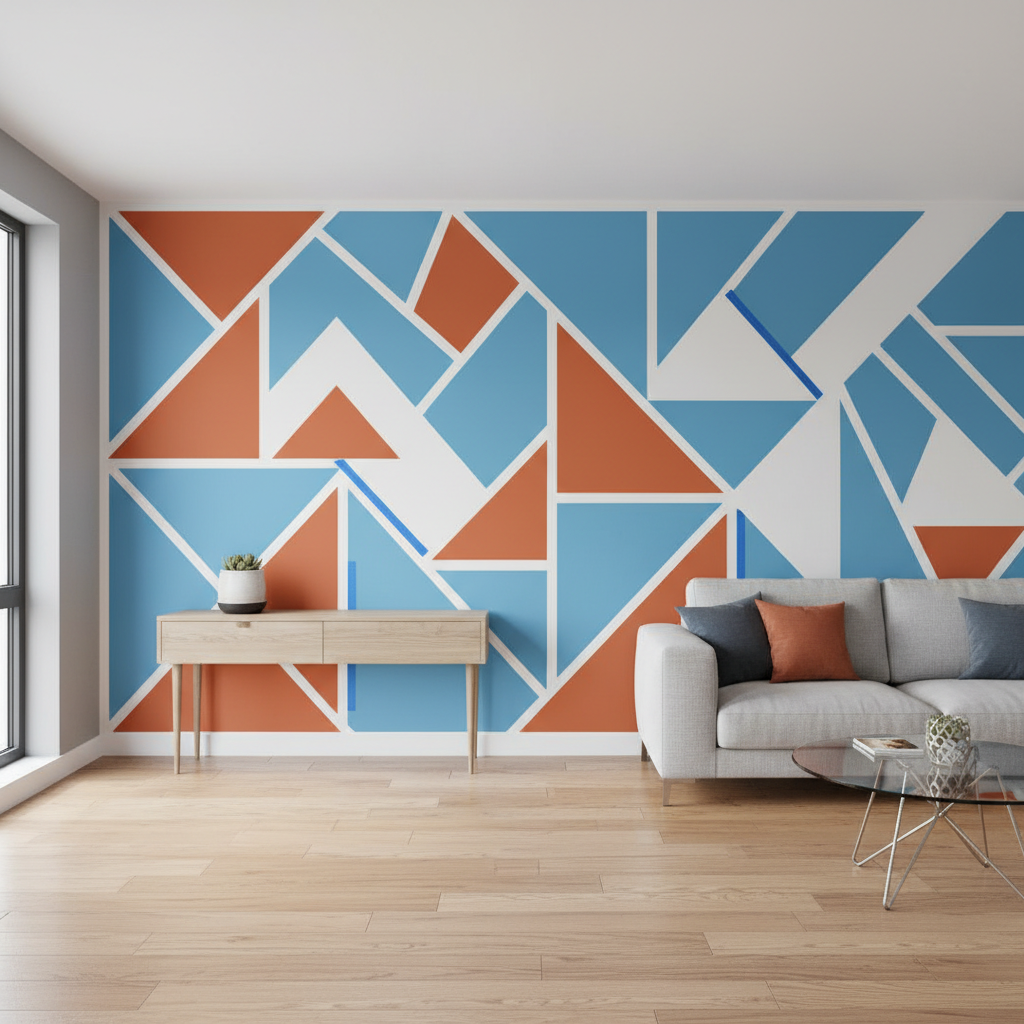 Bold geometric painted accent wall with triangles and chevrons