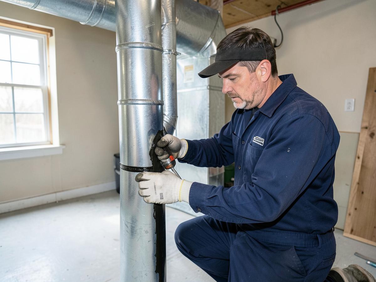 Technician sealing residential ductwork